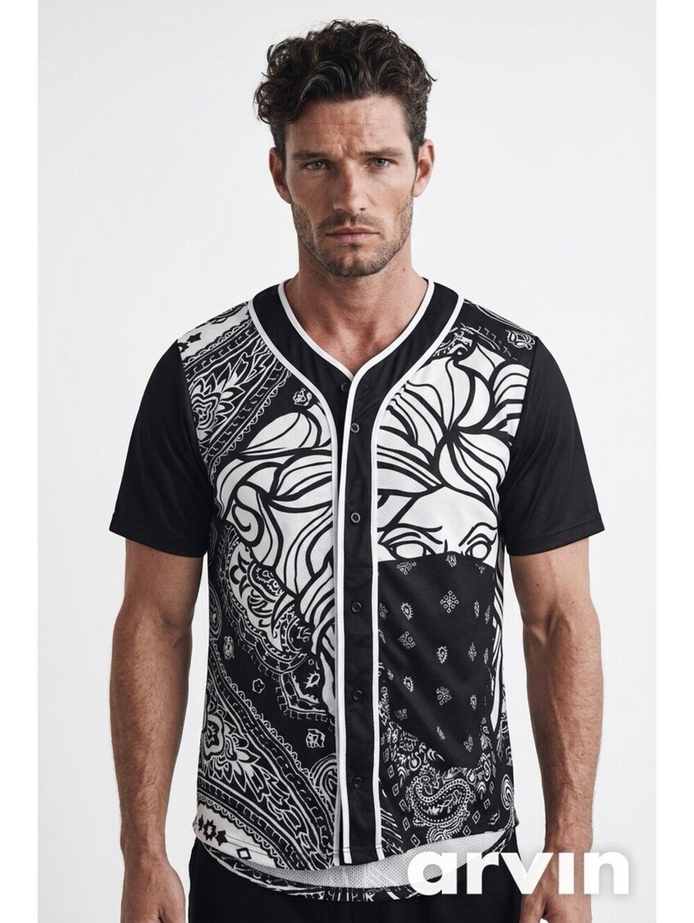 Crooks & Castles Black White Bandana Print Baseball Jersey Shirt Size XL